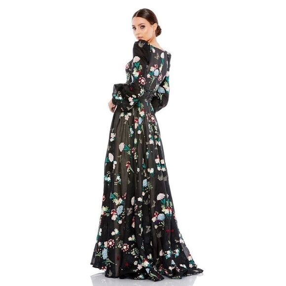 Mac Duggal 79361 EMBROIDERED BISHOP SLEEVE V NECK GOWN Black Multi Sz 6 - $798 - Picture 2 of 15